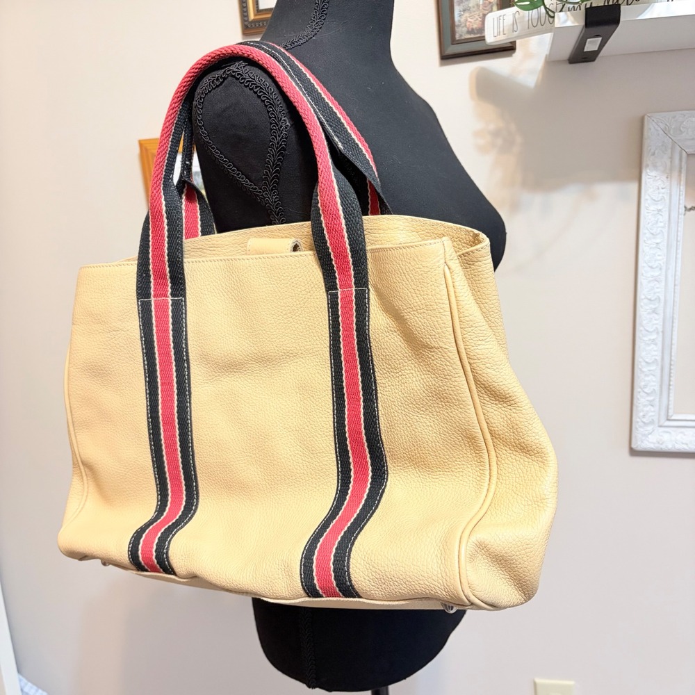 Tanner Italy Pebbled Leather Shoulder Tote Bag Striped Canvas Handles Utility